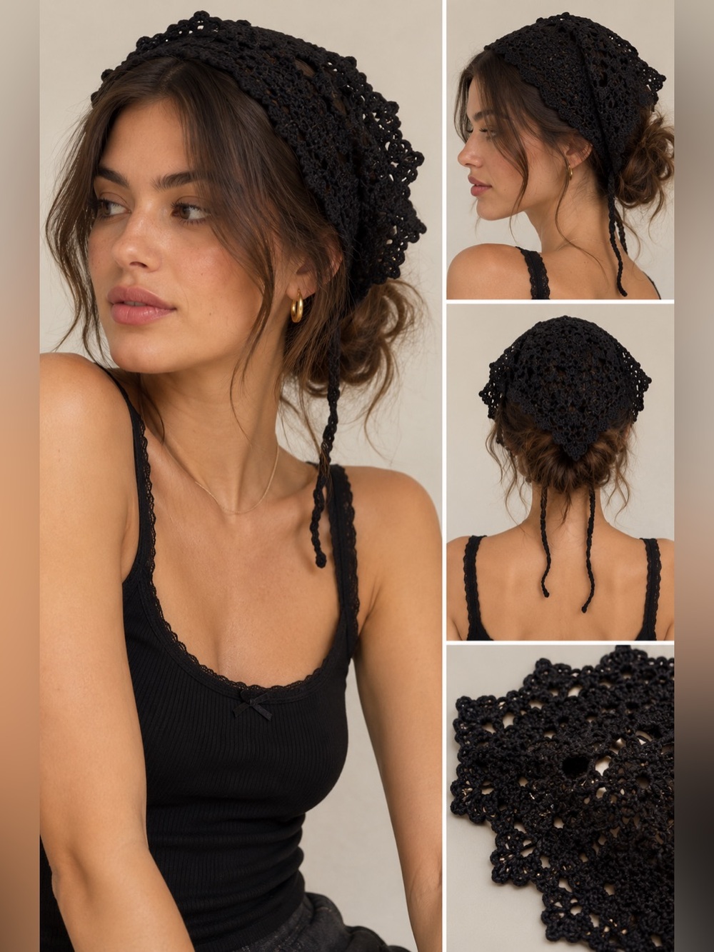 Black Crochet Knit Women Hair Bandana